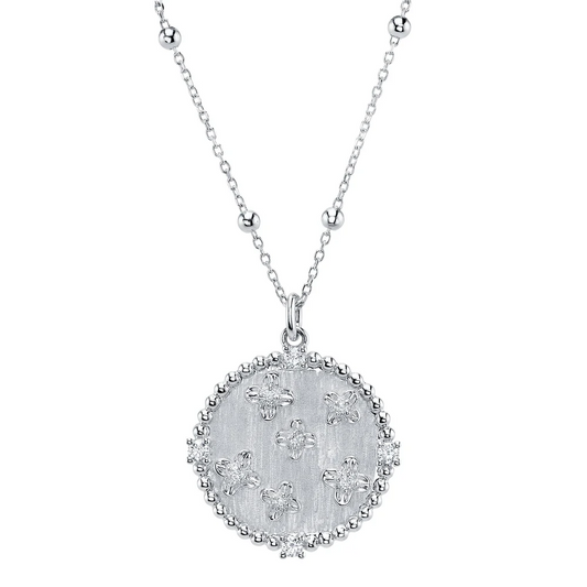 Diamond Circle Disc Flower Necklace 14K White Gold Matte Finish Natural 0.12CT0