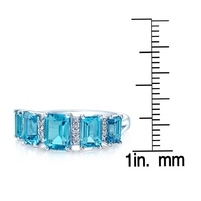 Swiss Blue Topaz Diamond Ring 14K White Gold 5 Stone Emerald Cut 3.17TCW Natural2