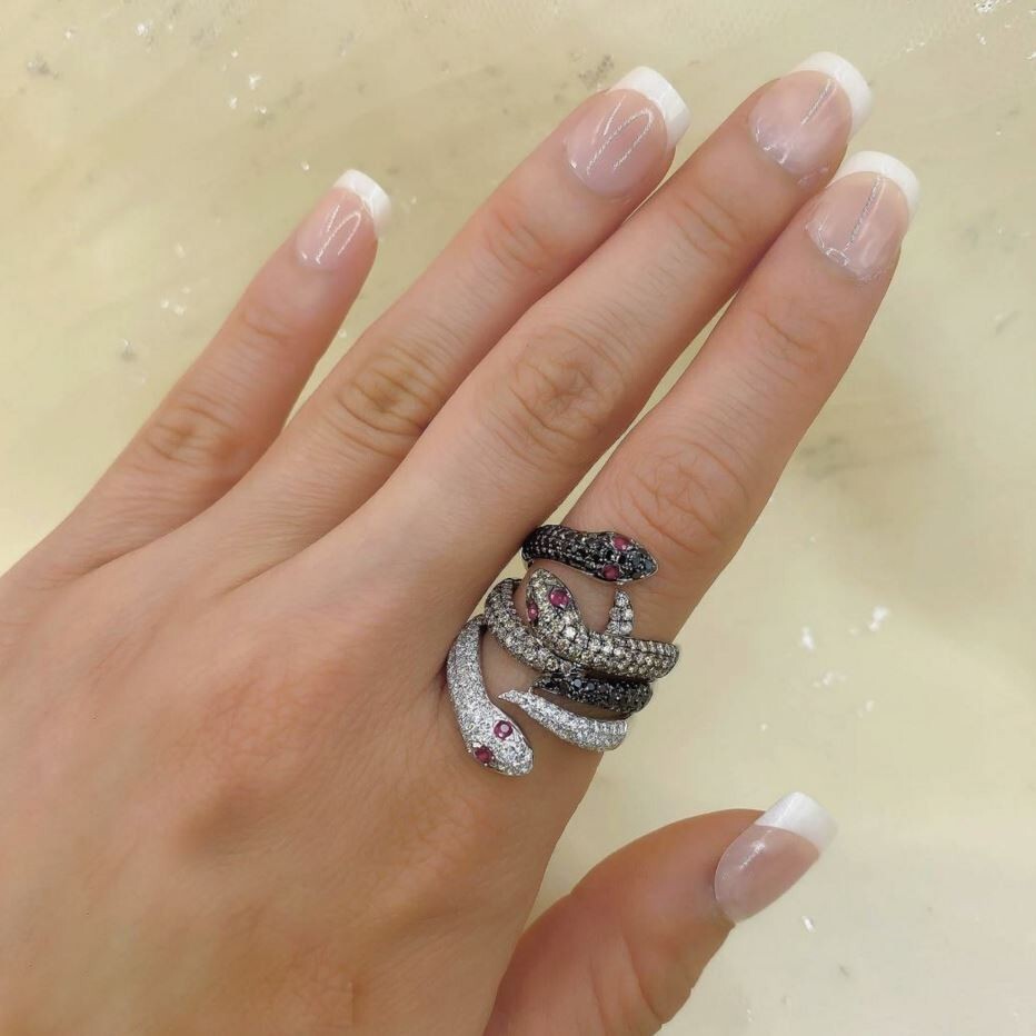 Diamond Snake Ring 3 Heads 14K Gold Ruby Champagne Black White Diamonds Natural1
