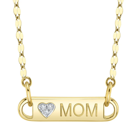 Diamond Heart Mom ID Charm Pendant Necklace 14K Yellow Gold Bar0