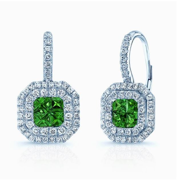 Tsavorite Diamond 18K White Gold Earrings Lever Back Certified Natural 1.46 CTW0