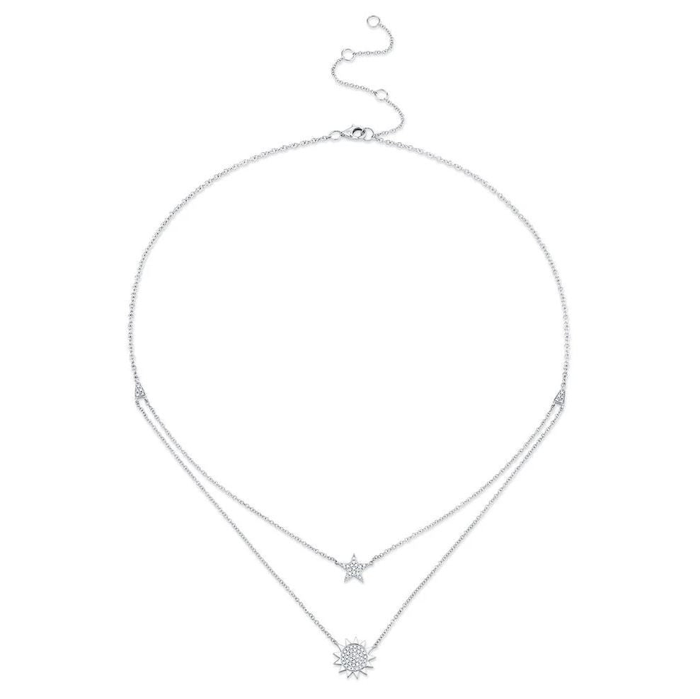 Diamond Sun Star Necklace 14K White Gold 2 Layered Charm Pendant Natural 0.14CT0