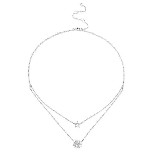 Diamond Sun Star Necklace 14K White Gold 2 Layered Charm Pendant Natural 0.14CT0