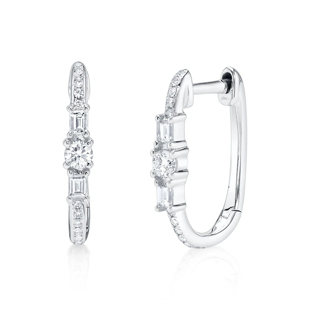 Diamond Rectangle Hoop Earrings 14K White Gold Baguette Round Cut Natural0