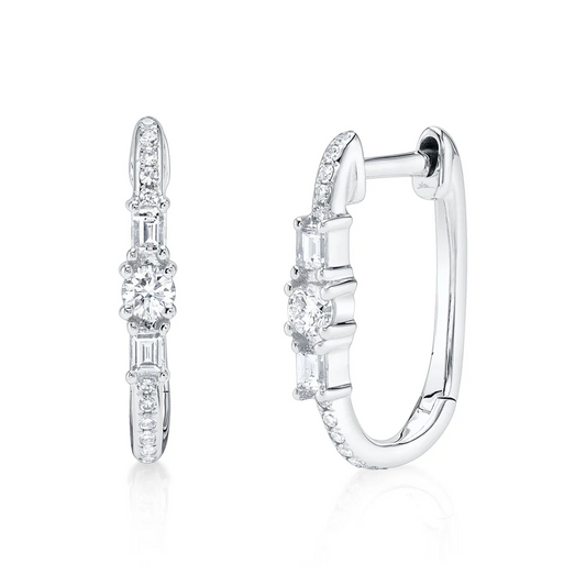 Diamond Rectangle Hoop Earrings 14K White Gold Baguette Round Cut Natural0