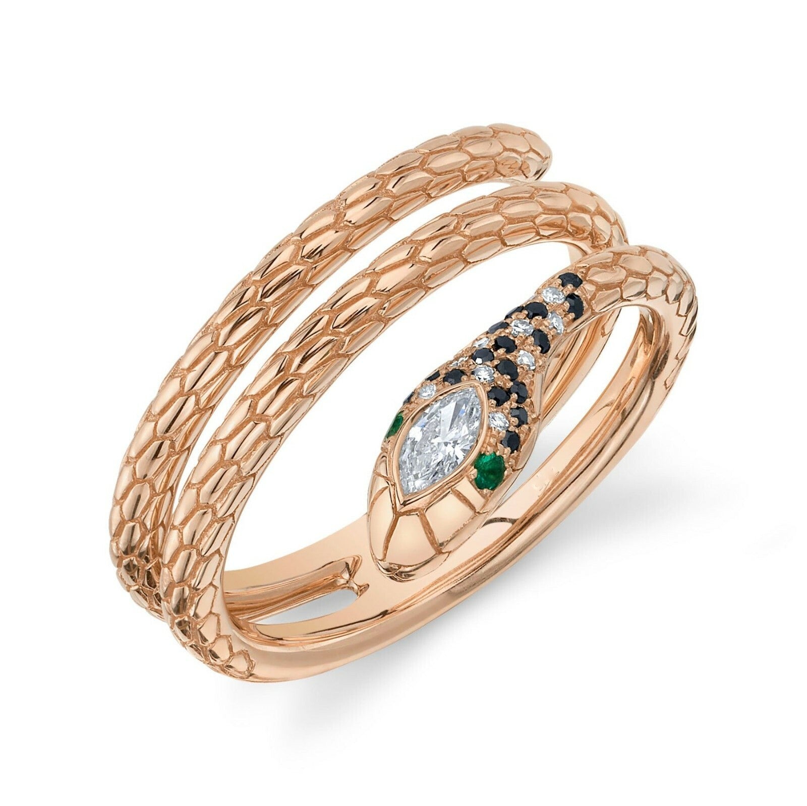 Diamond Snake Ring 14K White Gold Wrap Swirl Emerald Black White Marquise3