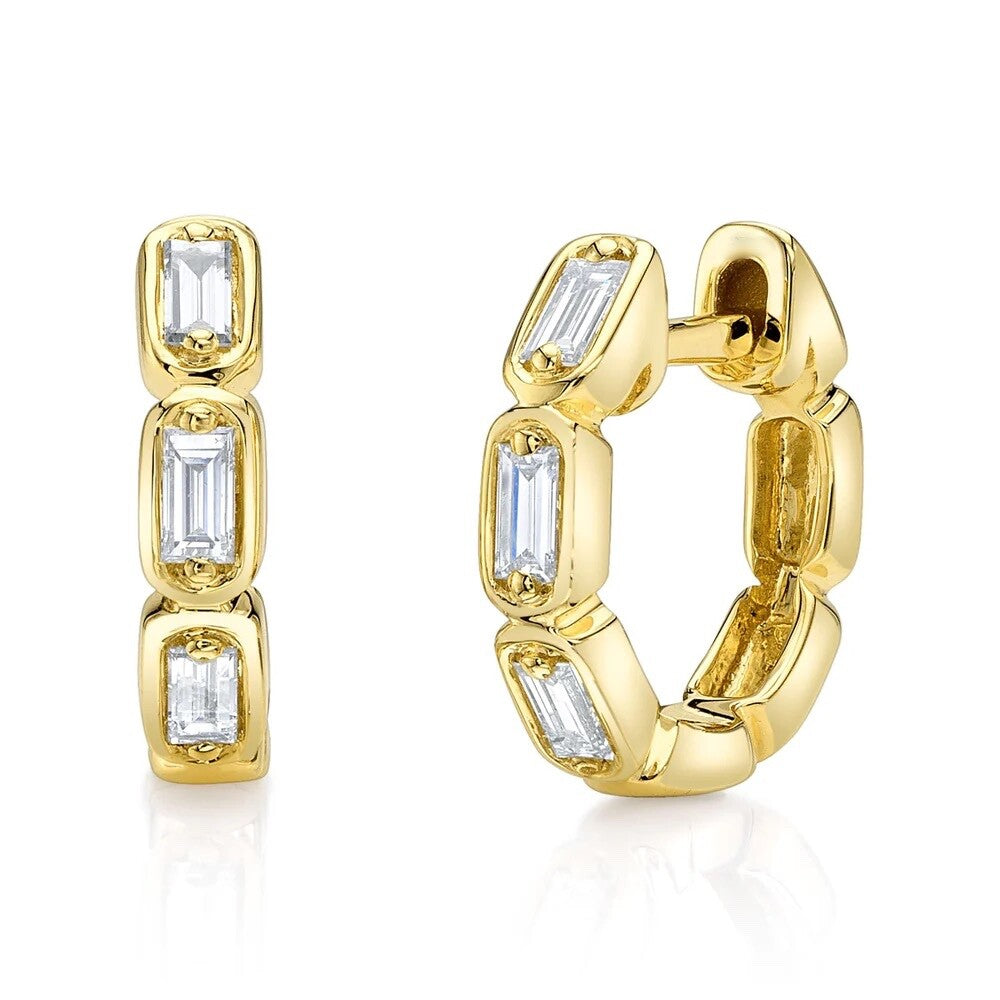 Baguette Diamond Huggie Earrings 14K Yellow Gold 0.20 CT Natural0