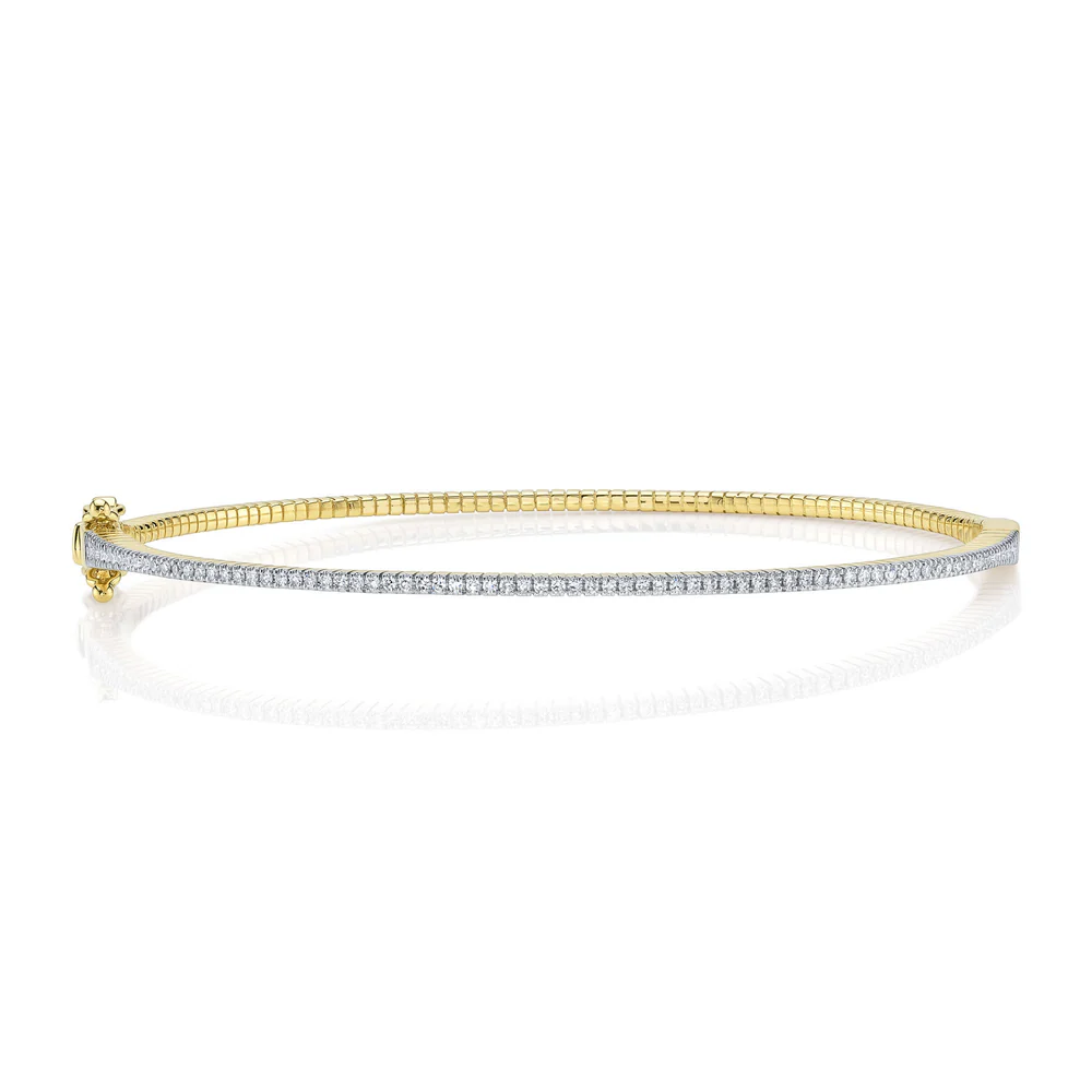 Diamond Ribbed Bangle Bracelet 14K Yellow Gold 0.26 CT Natural Certified0