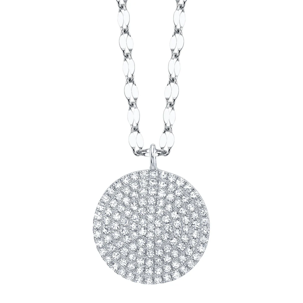Pave Diamond Circle Disc Pendant Necklace 14K White Gold 0.26CT Natural0