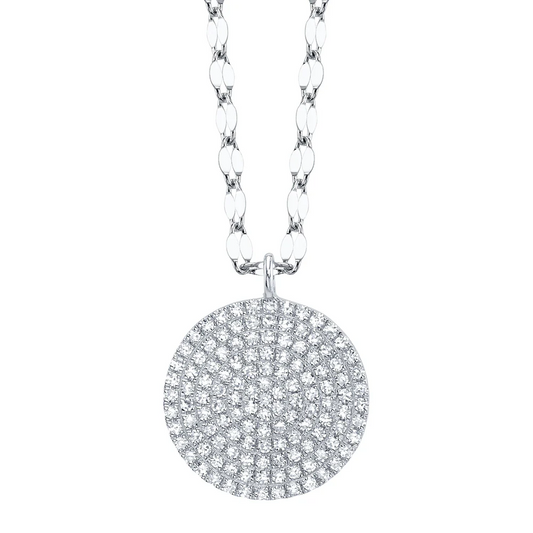 Pave Diamond Circle Disc Pendant Necklace 14K White Gold 0.26CT Natural0