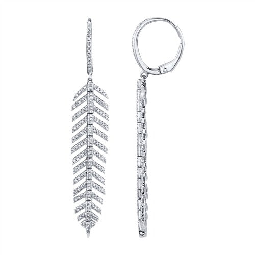 14K White Gold Diamond Feather Earrings Dangle Drop Natural Round Cut Leverback2