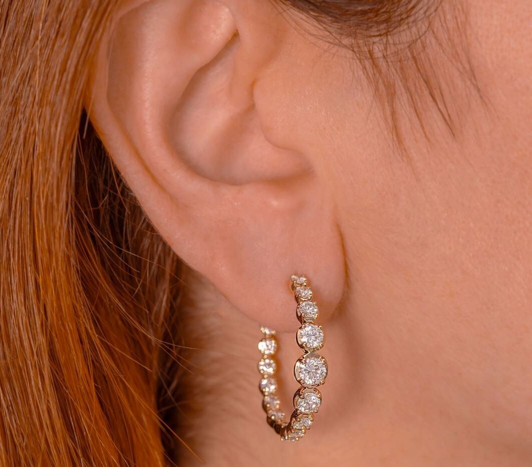 Diamond Hoop Earrings 14K Yellow Gold Inside 3.62CT Natural Crown Set 1.10 Inch3