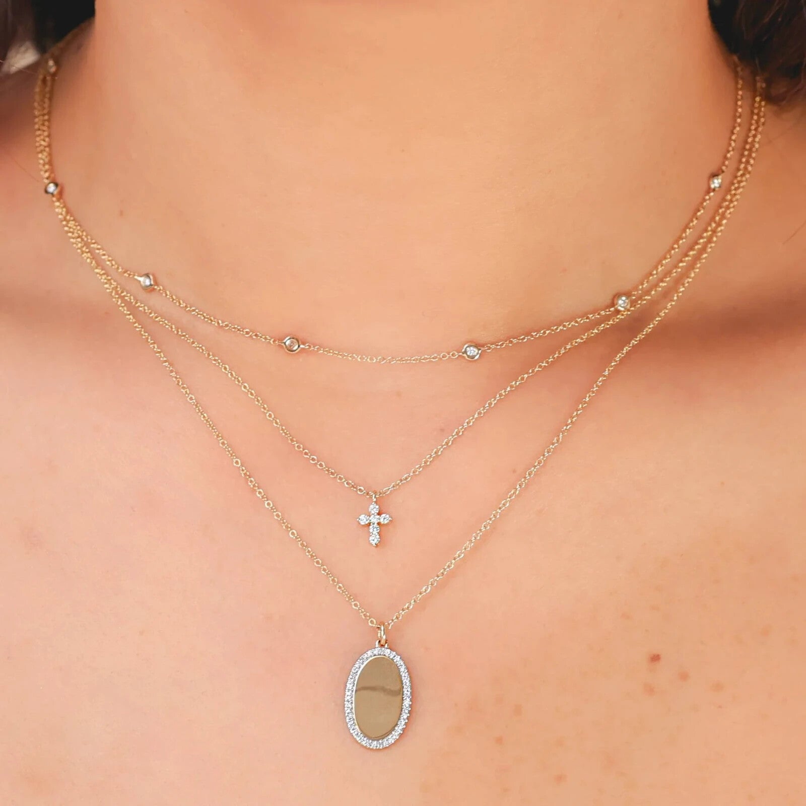 14K Rose Pink Gold Diamonds By The Yard Station Necklace Bezel Natural 0.12CT2