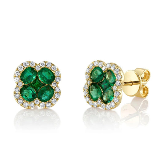 14K Yellow Gold Emerald Clover Diamond Stud Earrings Natural 1.62 TCW0