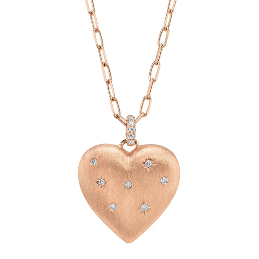 Diamond Heart Star Necklace 14K Rose Gold Matte Puffy Charm Natural 0.10CT0