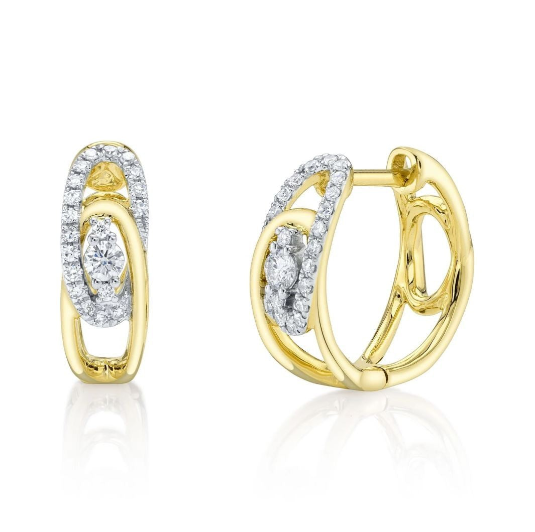 14K Gold Diamond Huggie Hoop Earrings Round Cut Natural 0.22 CT Certified0