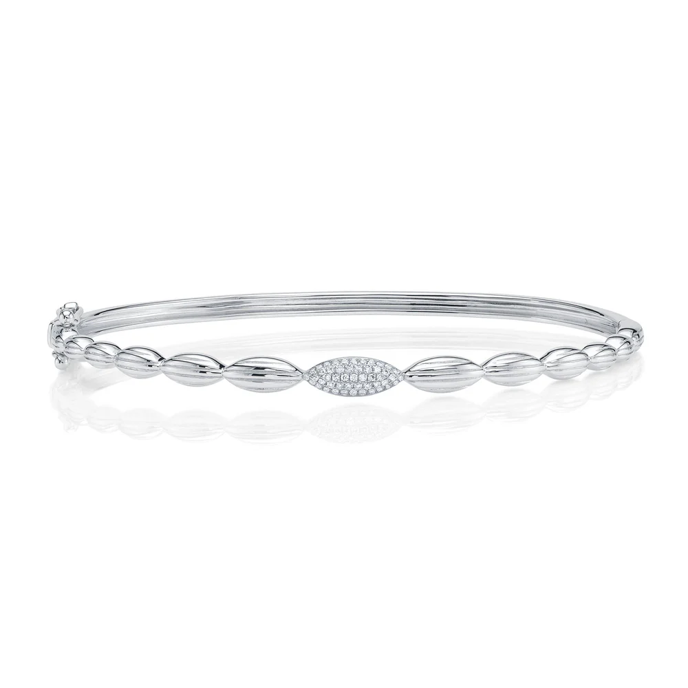 Diamond Ribbed Marquise Bangle Bracelet 14K White Gold 0.10CT Natural Certified0
