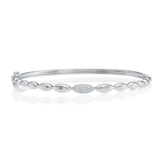 Diamond Ribbed Marquise Bangle Bracelet 14K White Gold 0.10CT Natural Certified0