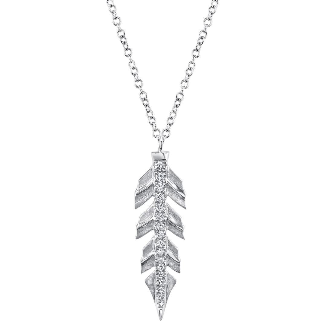 Diamond Feather Pendant Necklace 14K White Gold Natural 0.09CT Round Matte0