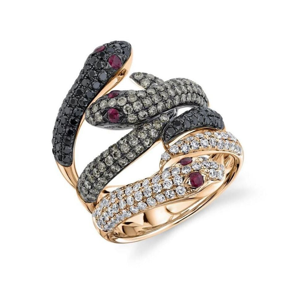 Diamond Snake Ring 3 Heads 14K Gold Ruby Champagne Black White Diamonds Natural2