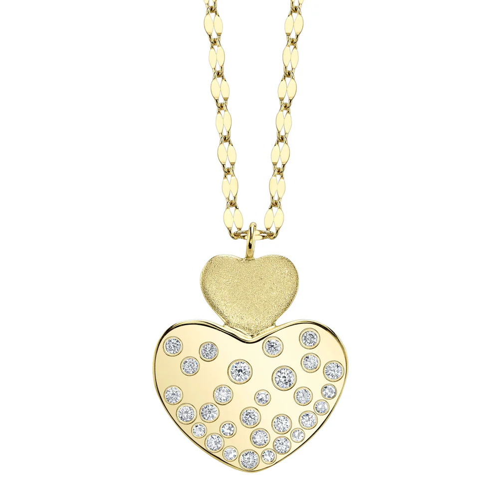 Diamond Scattered Floating Heart Necklace 14K Gold Matte Bezel Set Natural0