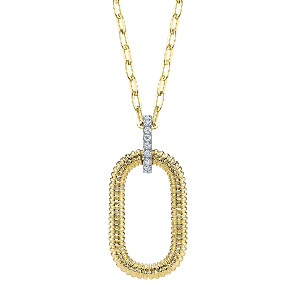 Diamond Ribbed Pipe Necklace 14K Yellow Gold Paper Clip Chain 0.21CT Natural0