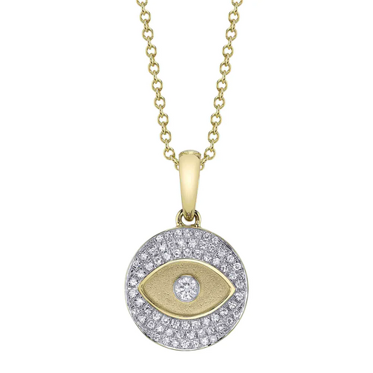 Evil Eye Diamond Necklace 14K Yellow Gold Matte All Seeing Charm Pendant 0.19CT0