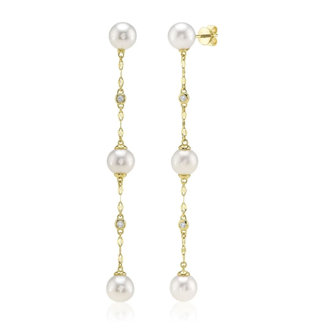 Cultured Pearl Diamond Chain Earrings 14K Yellow Gold Drop Dangle 0.10CT Natural0