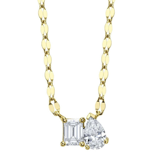 Diamond Pear Emerald Cut 2 Stone Necklace 14K Yellow Gold 0.42CTW Natural0