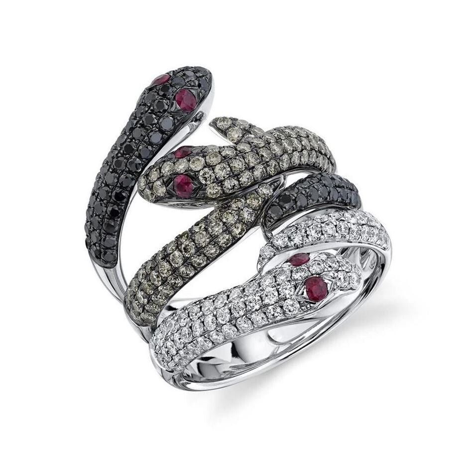 Diamond Snake Ring 3 Heads 14K Gold Ruby Champagne Black White Diamonds Natural0