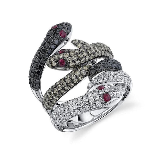 Diamond Snake Ring 3 Heads 14K Gold Ruby Champagne Black White Diamonds Natural0