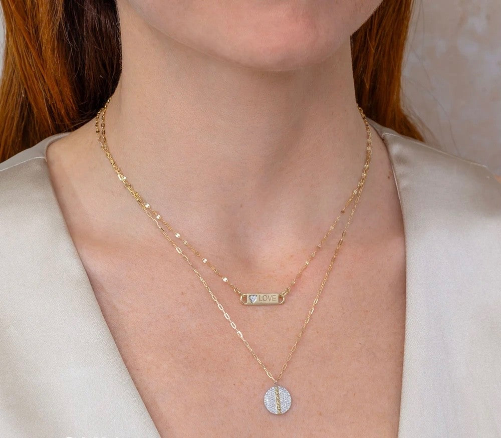 Diamond Heart Love ID Charm Pendant Necklace 14K Yellow Gold Bar1