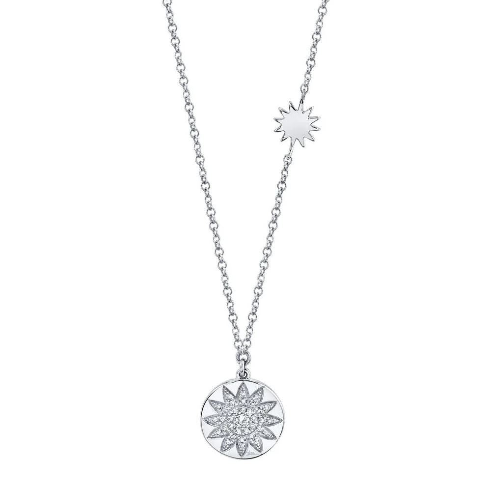 Diamond Sun Necklace 14K White Gold Disc Pendant Round Cut Pave Natural 0.10 CT0