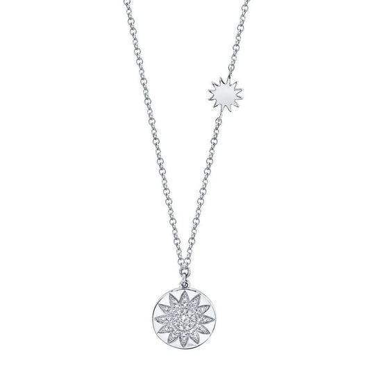 Diamond Sun Necklace 14K White Gold Disc Pendant Round Cut Pave Natural 0.10 CT0