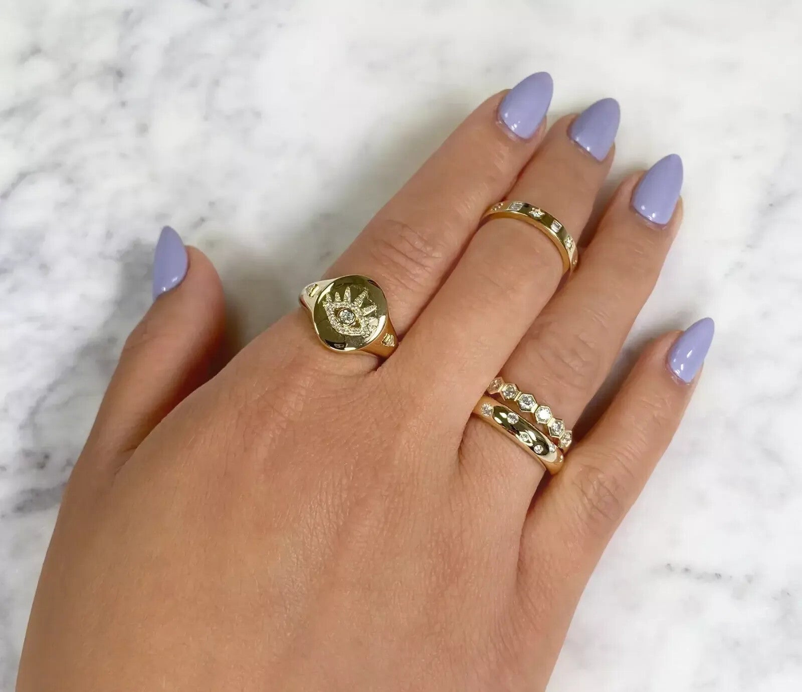 Diamond Star Band Ring 14K Yellow Gold Baguette Round Cut Natural 0.15 CT1