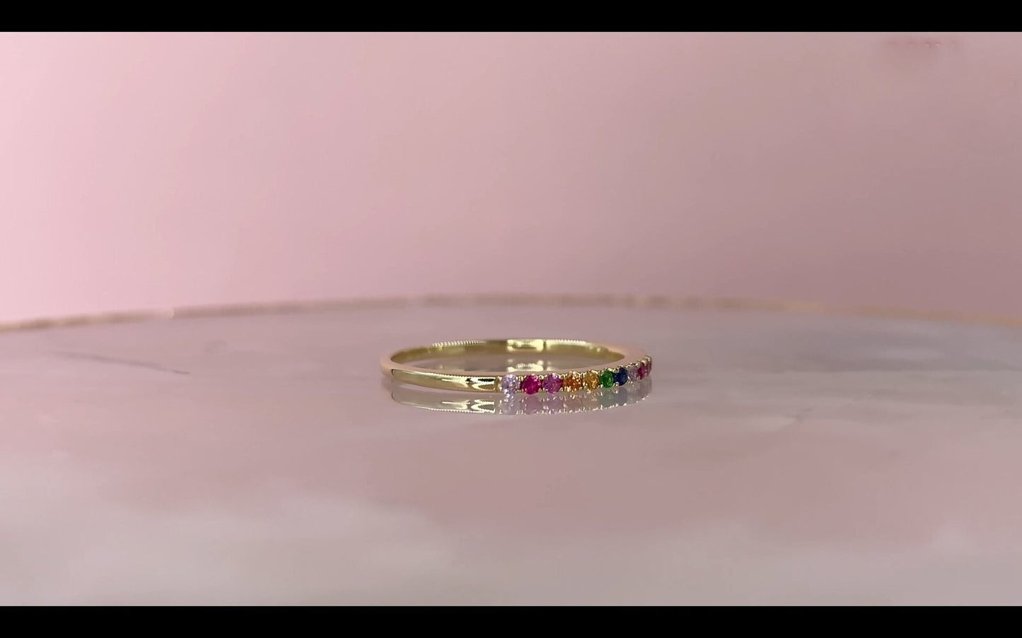 14K Gold Rainbow Gemstone Band Ring Multi Color Thin Natural Round 0.28CT Size 53