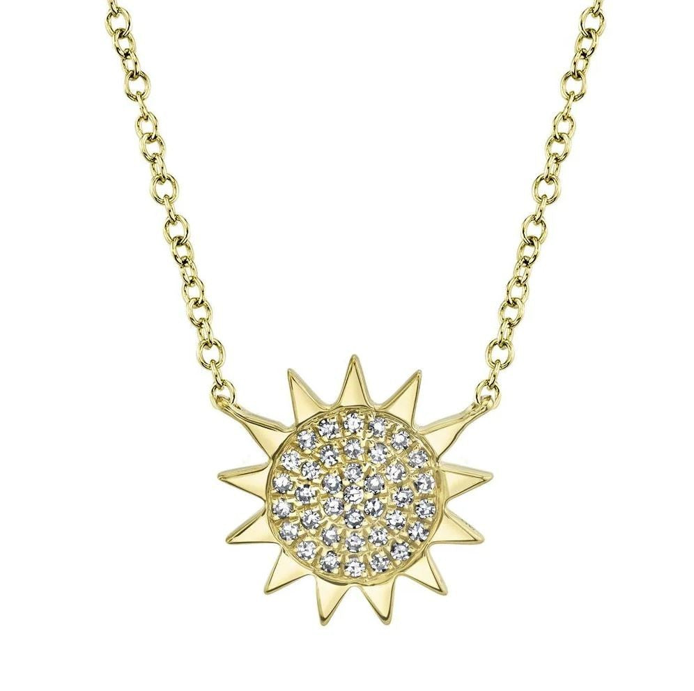 Diamond Sun Necklace Pendant 14K Yellow Gold Natural Pave Set 0.08 CT0
