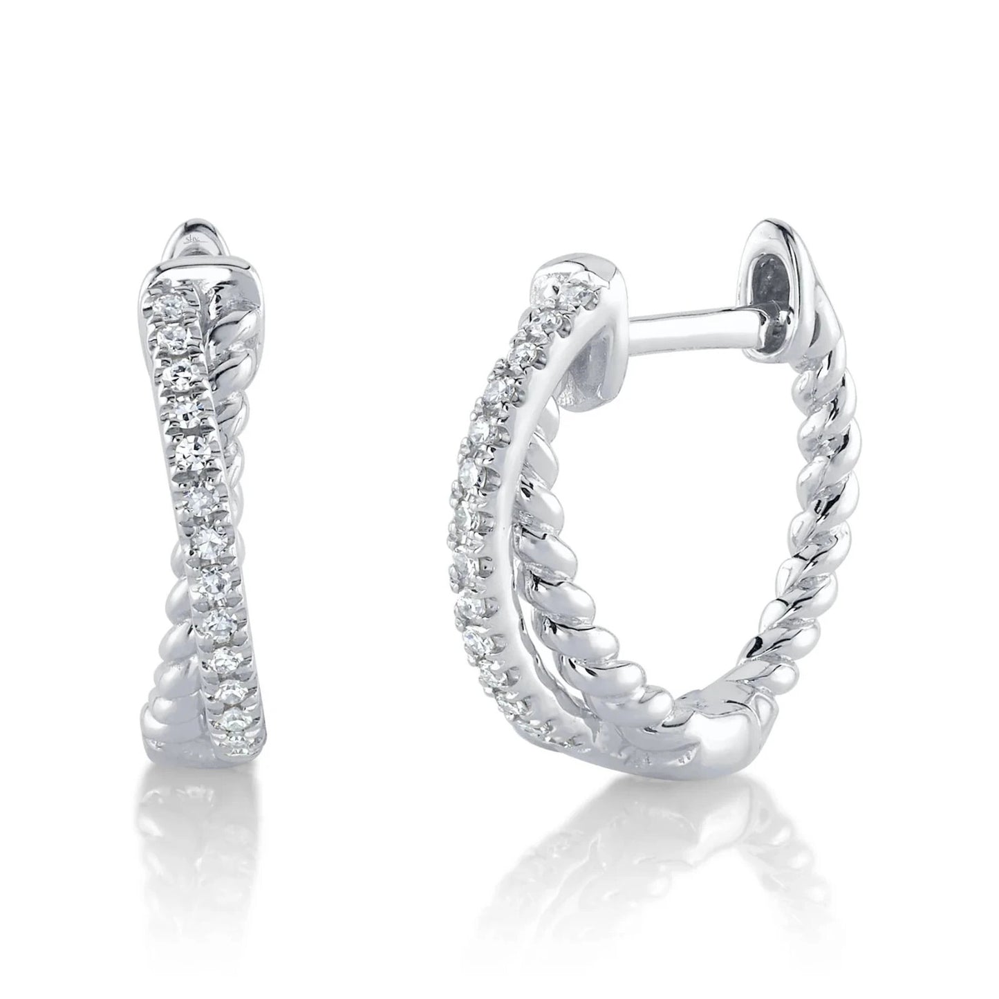 14K White Gold Diamond Huggie Earrings X Crossover 0.06 CT Hoop Huggy Natural0