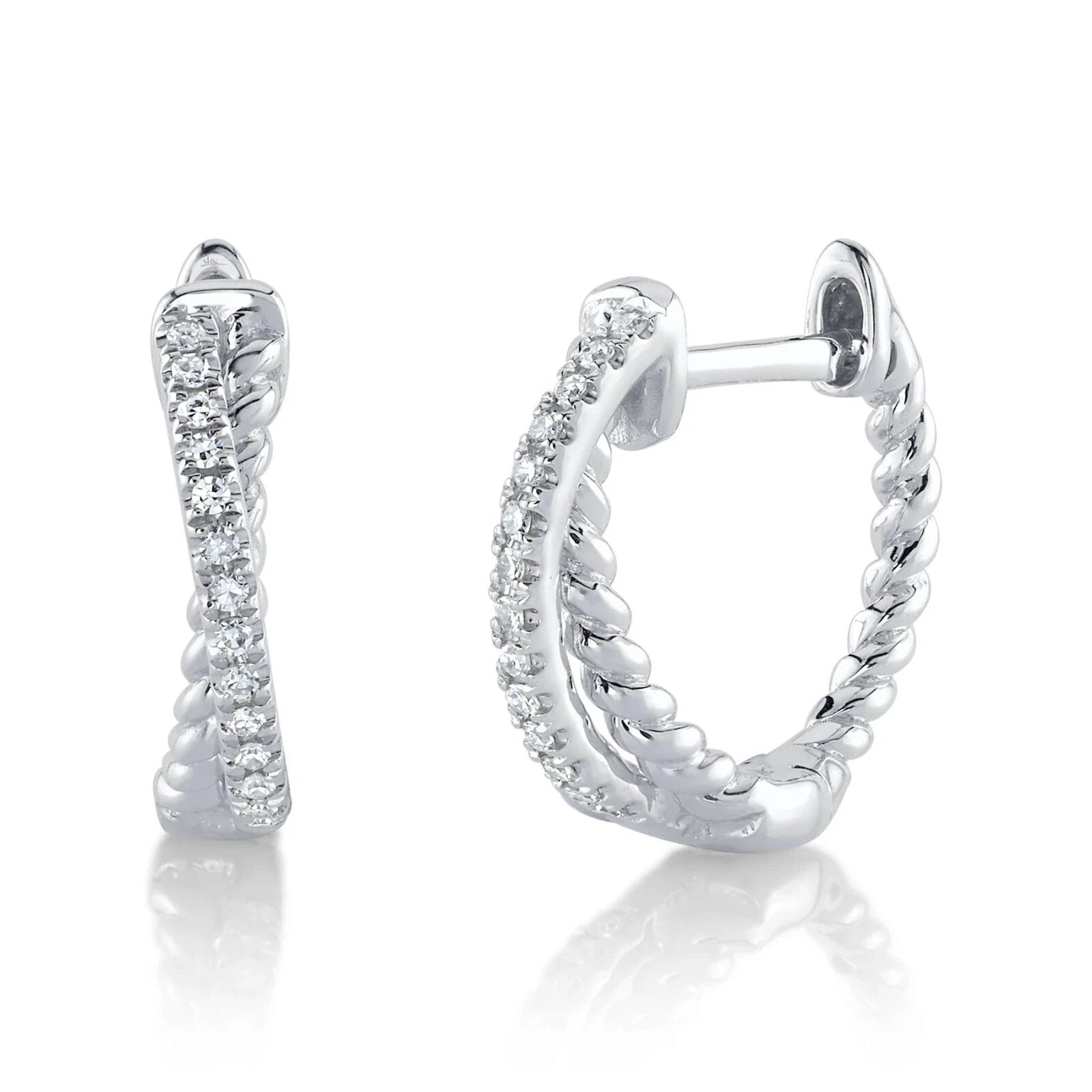 14K White Gold Diamond Huggie Earrings X Crossover 0.06 CT Hoop Huggy Natural0