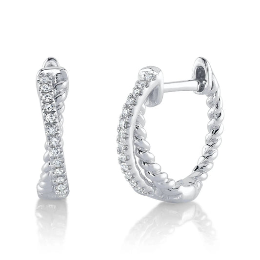 14K White Gold Diamond Huggie Earrings X Crossover 0.06 CT Hoop Huggy Natural0
