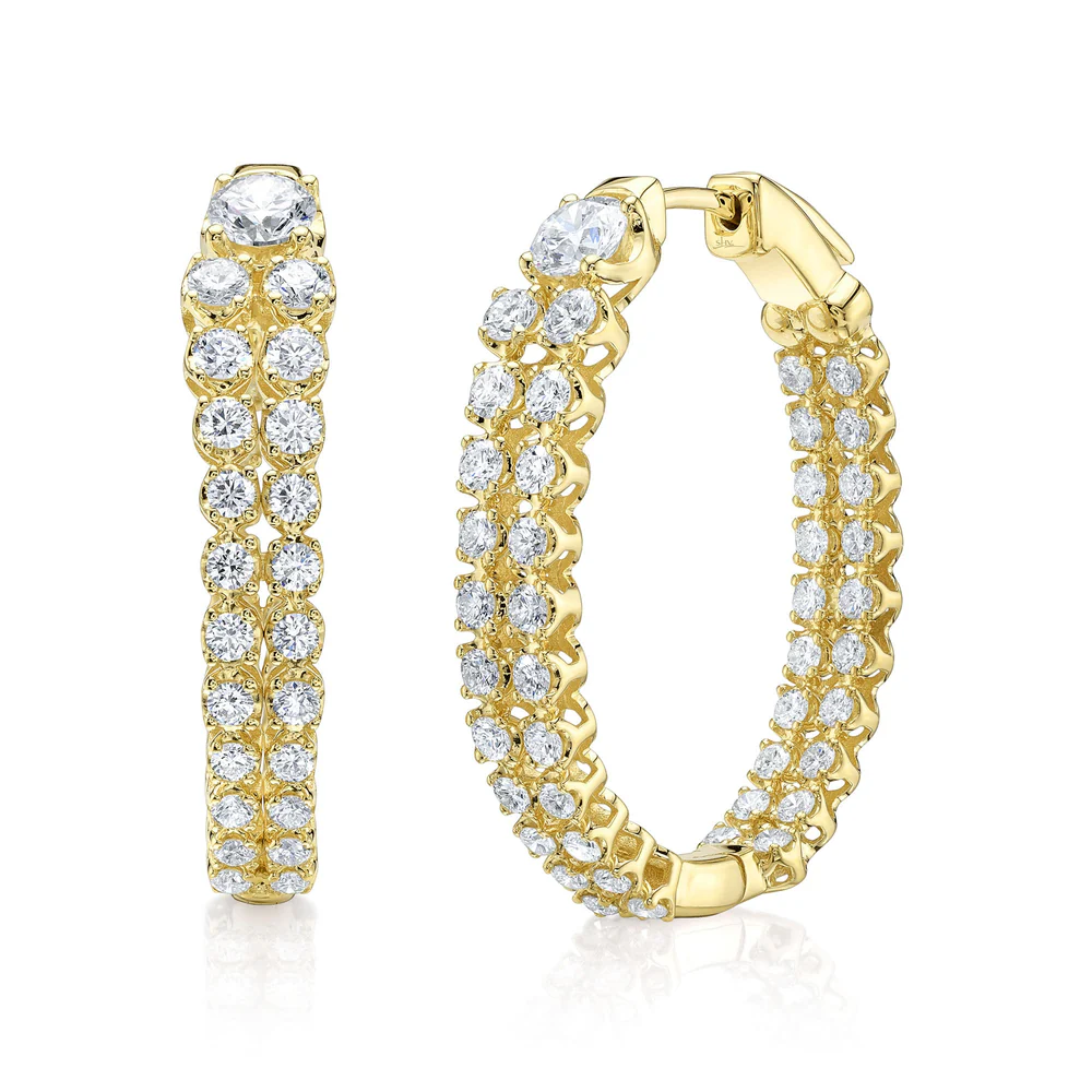 Diamond Inside Out Hoop Earrings 14K Yellow Gold Natural Crown Set 3.10 CTW0