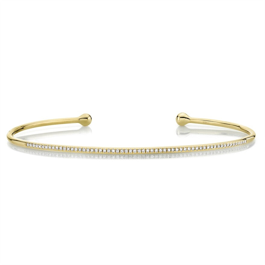 14K Yellow Gold Diamond Bangle Bracelet Open Cuff 0.16CT Natural Size Large 7.5"2