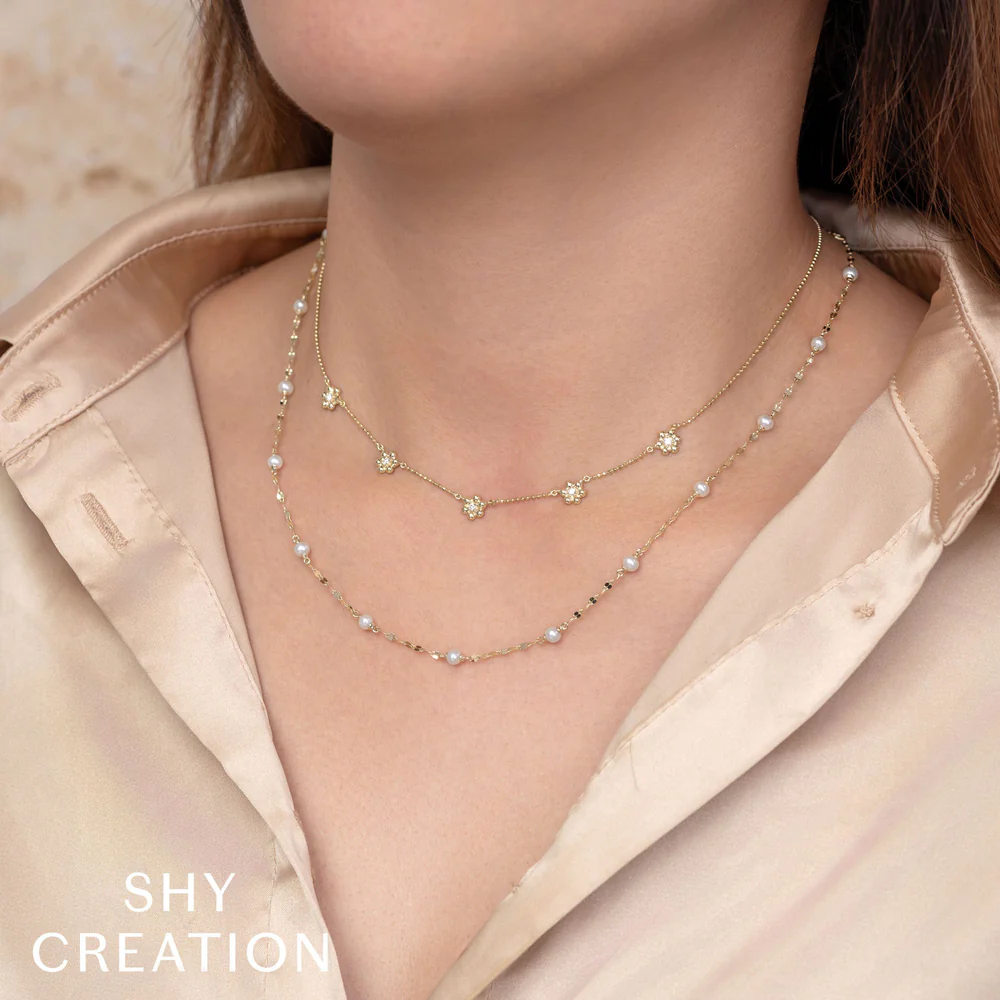 Cultured Pearl Station Necklace 14K White Gold By The Yard Natural Sparkle chain1
