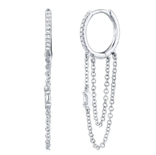 Diamond Chain Earrings 14K White Gold Baguette Cut Natural 0.18 CT Dangling Drop0