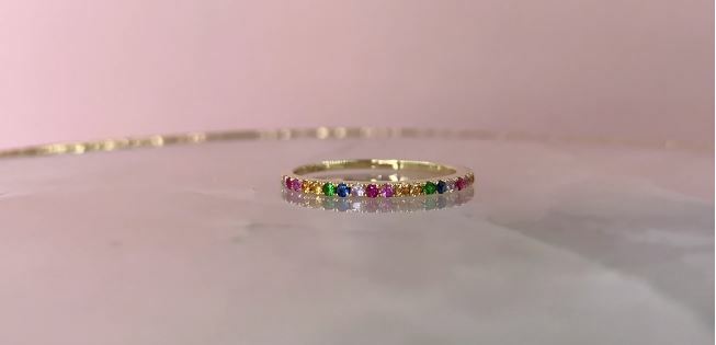 14K Gold Rainbow Gemstone Band Ring Multi Color Thin Natural Round 0.28CT Size 51