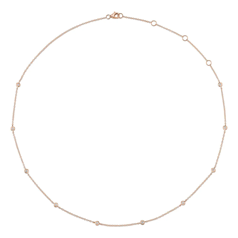 14K Rose Pink Gold Diamonds By The Yard Station Necklace Bezel Natural 0.12CT0