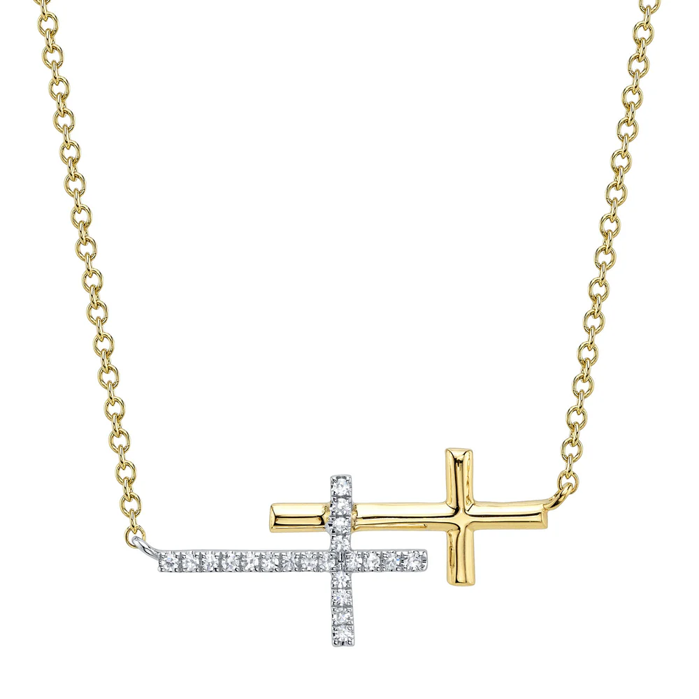 Diamond Cross Sideways Necklace 14K Gold 0.06CT Certified Natural0