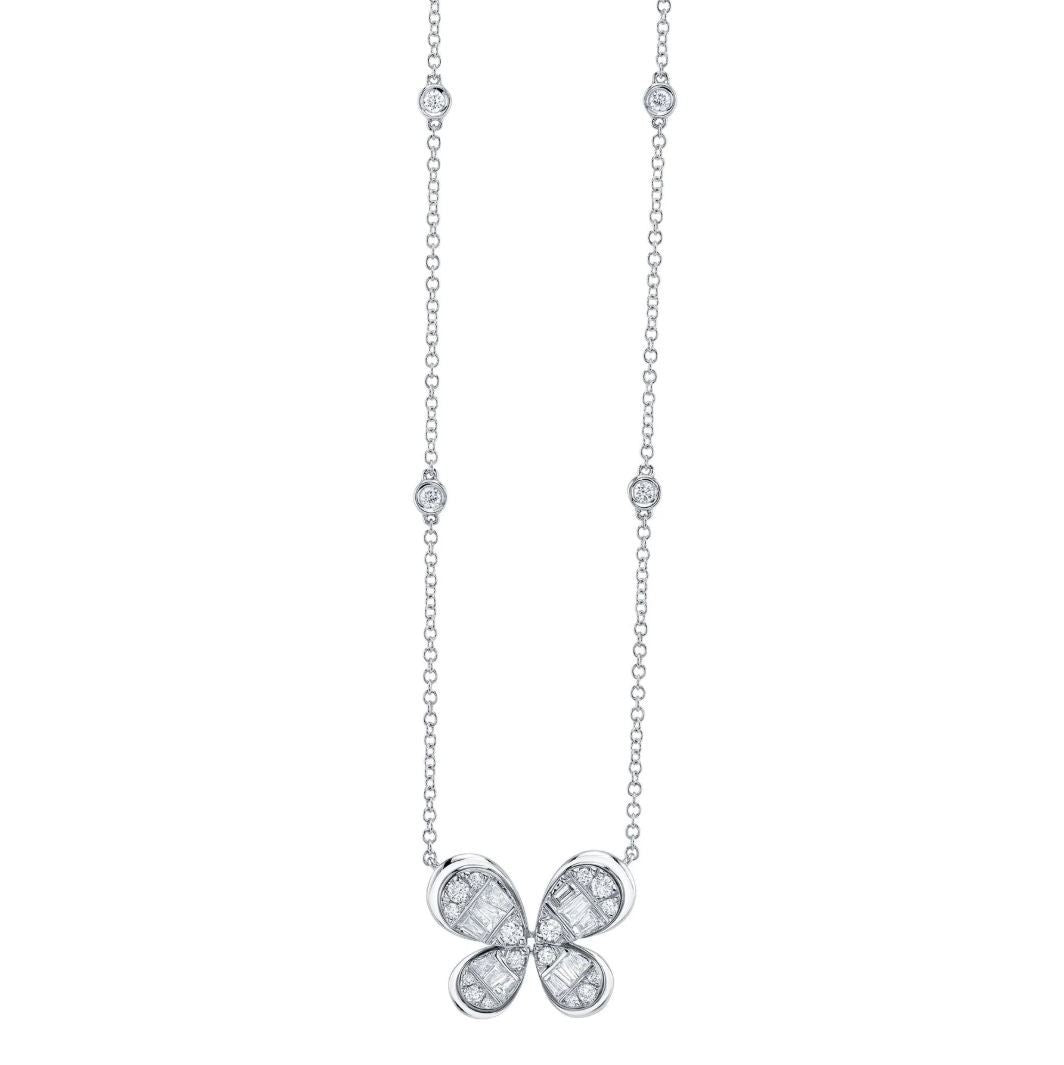 Diamond Butterfly Necklace 14K White Gold Baguette Cut 0.53 CTW Natural0
