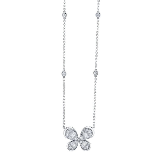 Diamond Butterfly Necklace 14K White Gold Baguette Cut 0.53 CTW Natural0