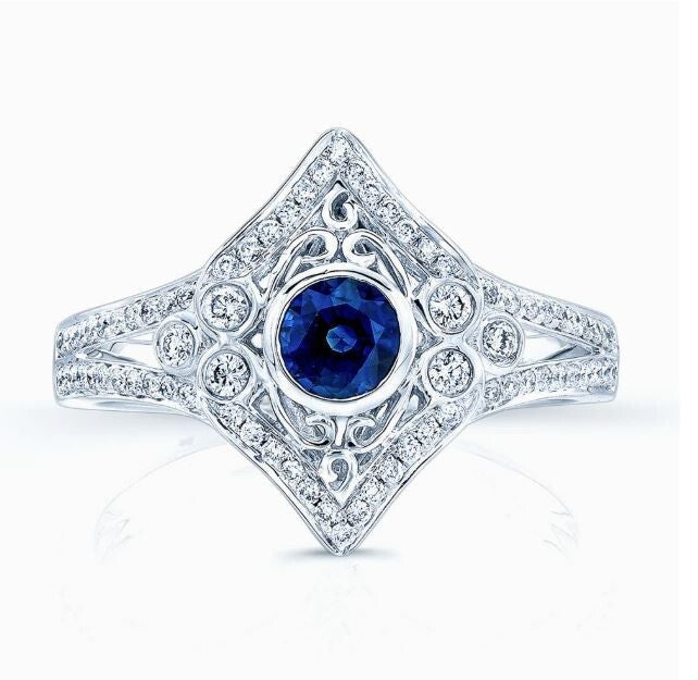 Sapphire Diamond Estate Antique Style Ring 14K White Gold 0.78 CTW Bezel Natural0